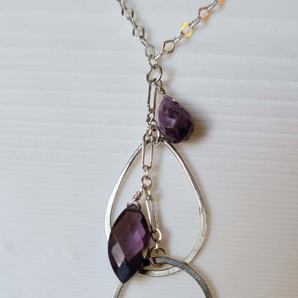 ITALY Sterling Silver Necklace Drop Pendant with Gemstones Amethyst 16.5" - Picture 4 of 8